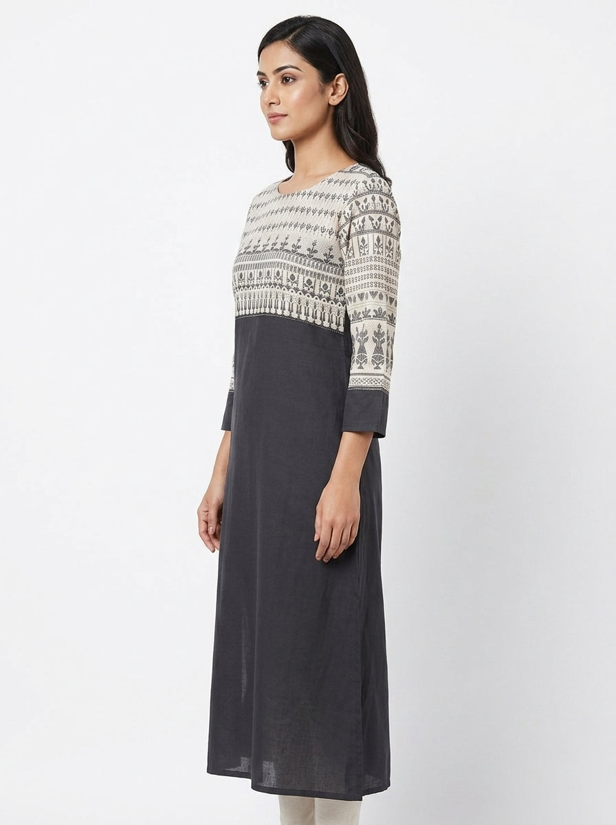Black & Off-White Ethnic Print Straight Dress