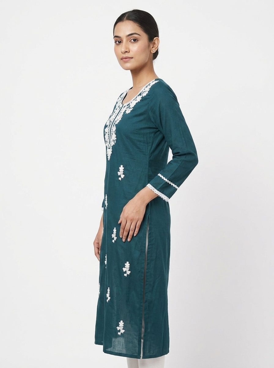 Teal Embellished Straight Kurti