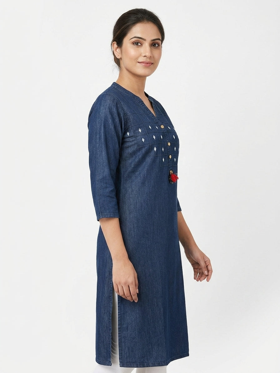 Women's Dark Blue Denim Embroidered Kurti