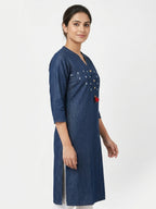 Women's Dark Blue Denim Embroidered Kurti