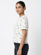 Off White Floral Print Ribbed Knit Top