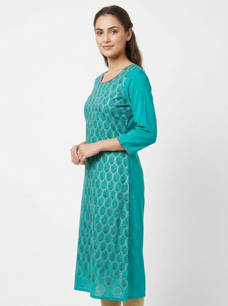 Teal Ethnic Print Cotton Kurti for Women