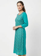 Teal Ethnic Print Cotton Kurti for Women