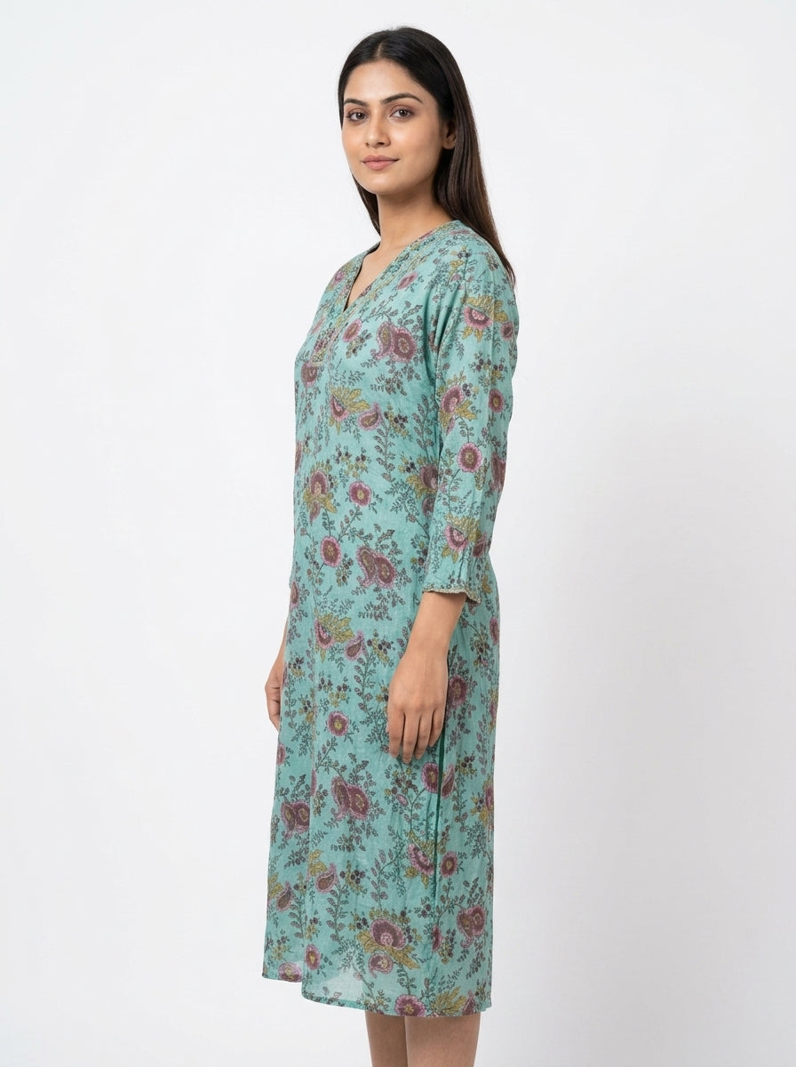 Sea Green Floral Printed V-Neck Kurti