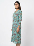 Sea Green Floral Printed V-Neck Kurti