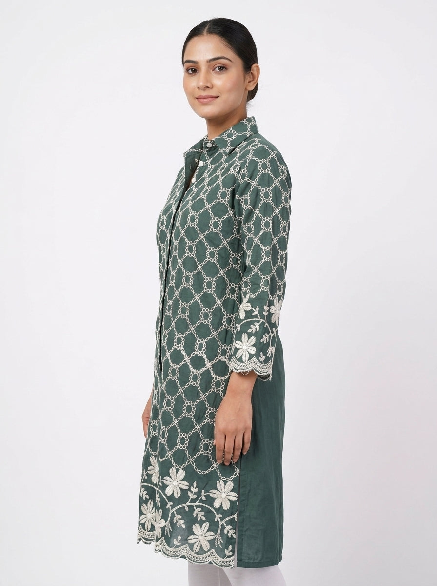 Dark Green Embroidered Cotton Kurti