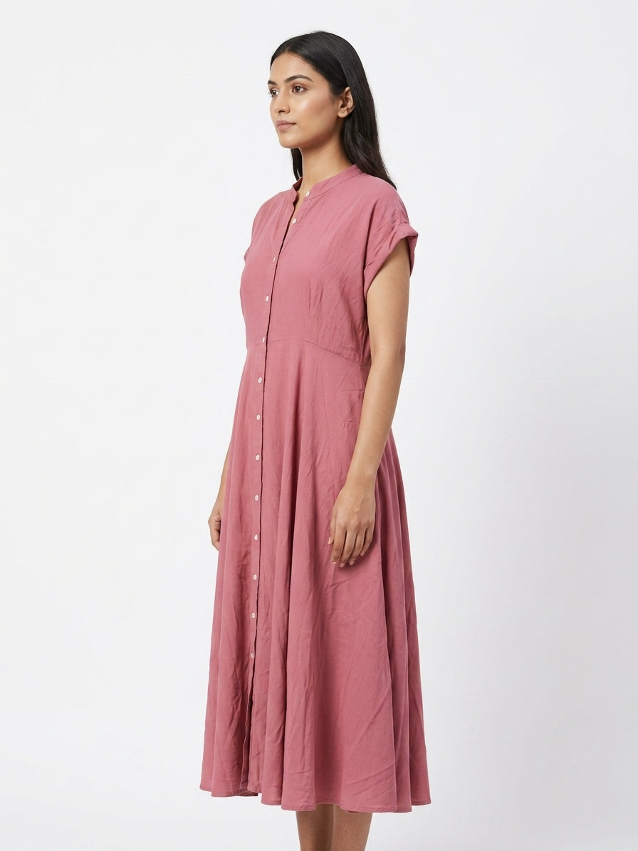 Mauve Solid A-Line Button-Down Dress