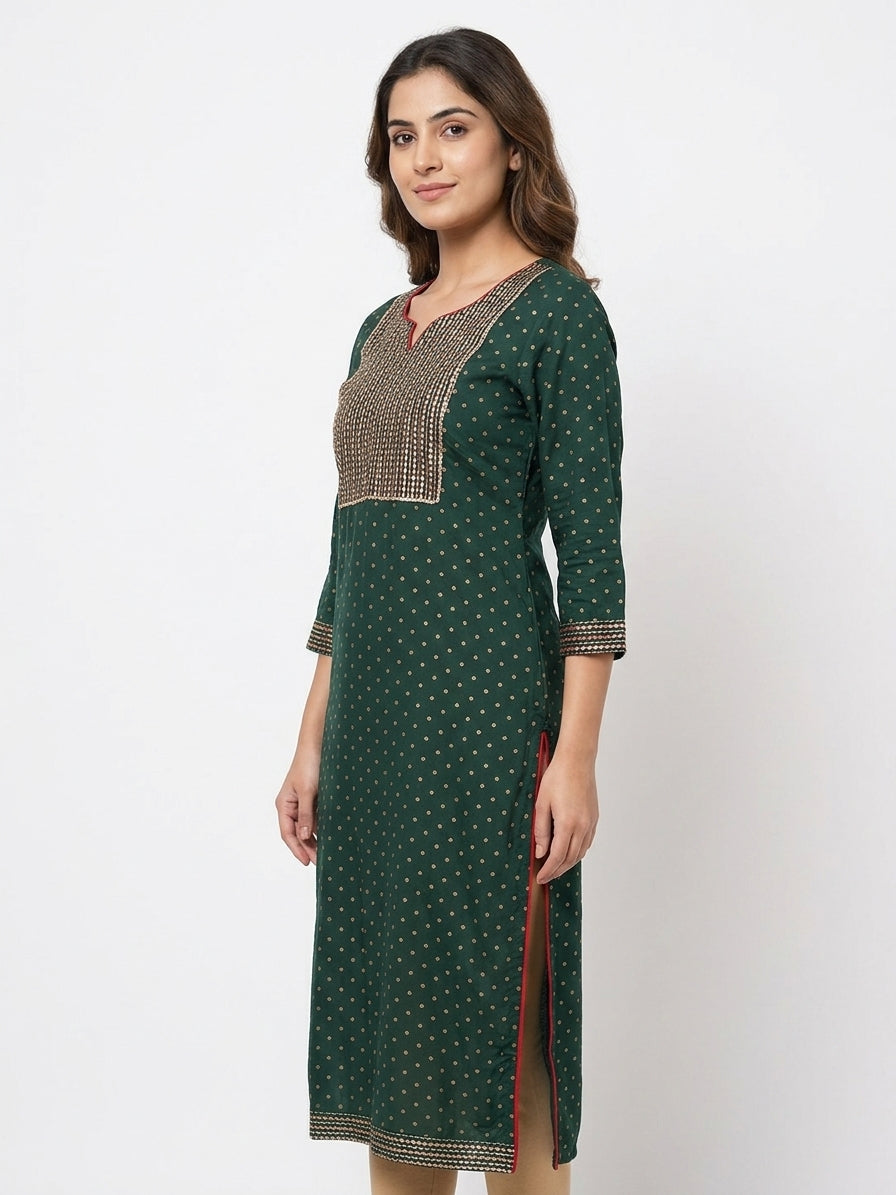 Women's Dark Green Printed Embellished Kurti