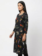 Women's Black Floral Printed Rayon Kurti