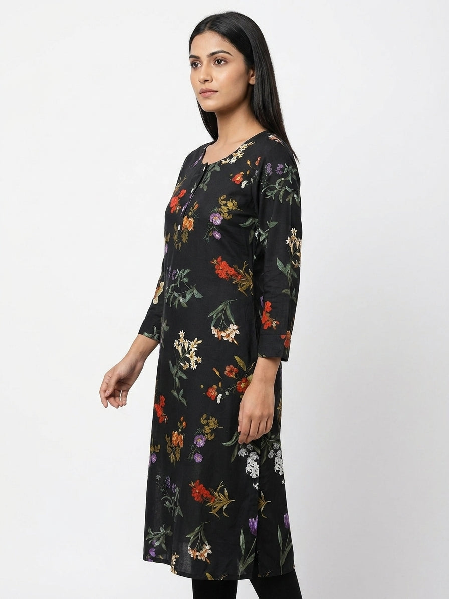 Women's Black Floral Printed Rayon Kurti