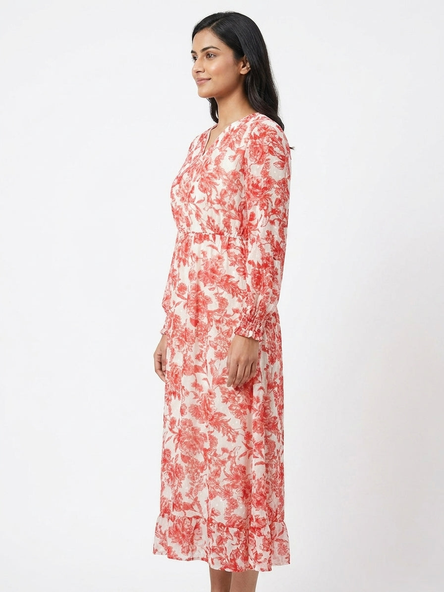 Red & White Floral Printed Maxi Dress