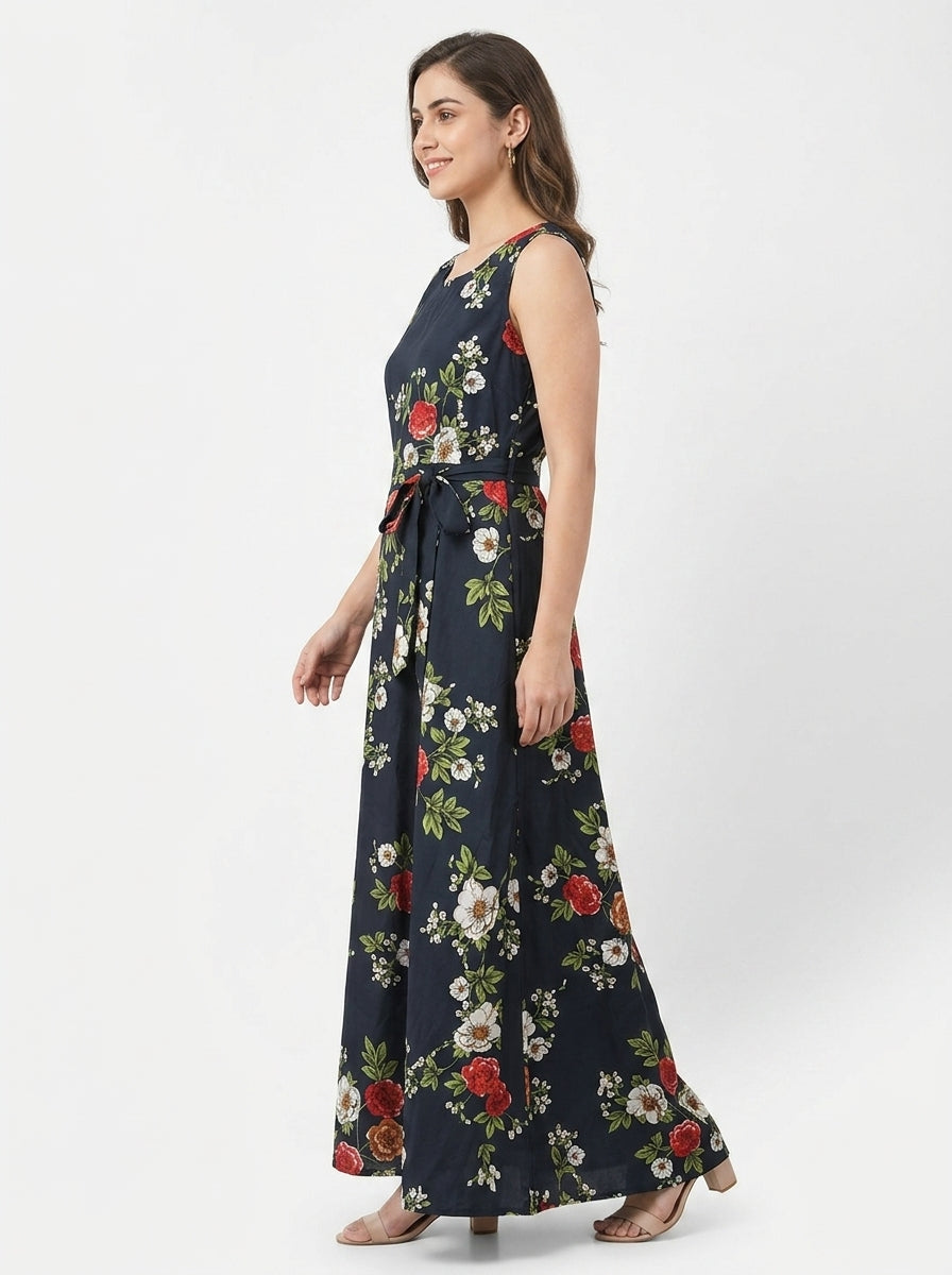 Women's Dark Navy Floral Print Flared Maxi Dress