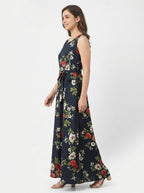 Women's Dark Navy Floral Print Flared Maxi Dress