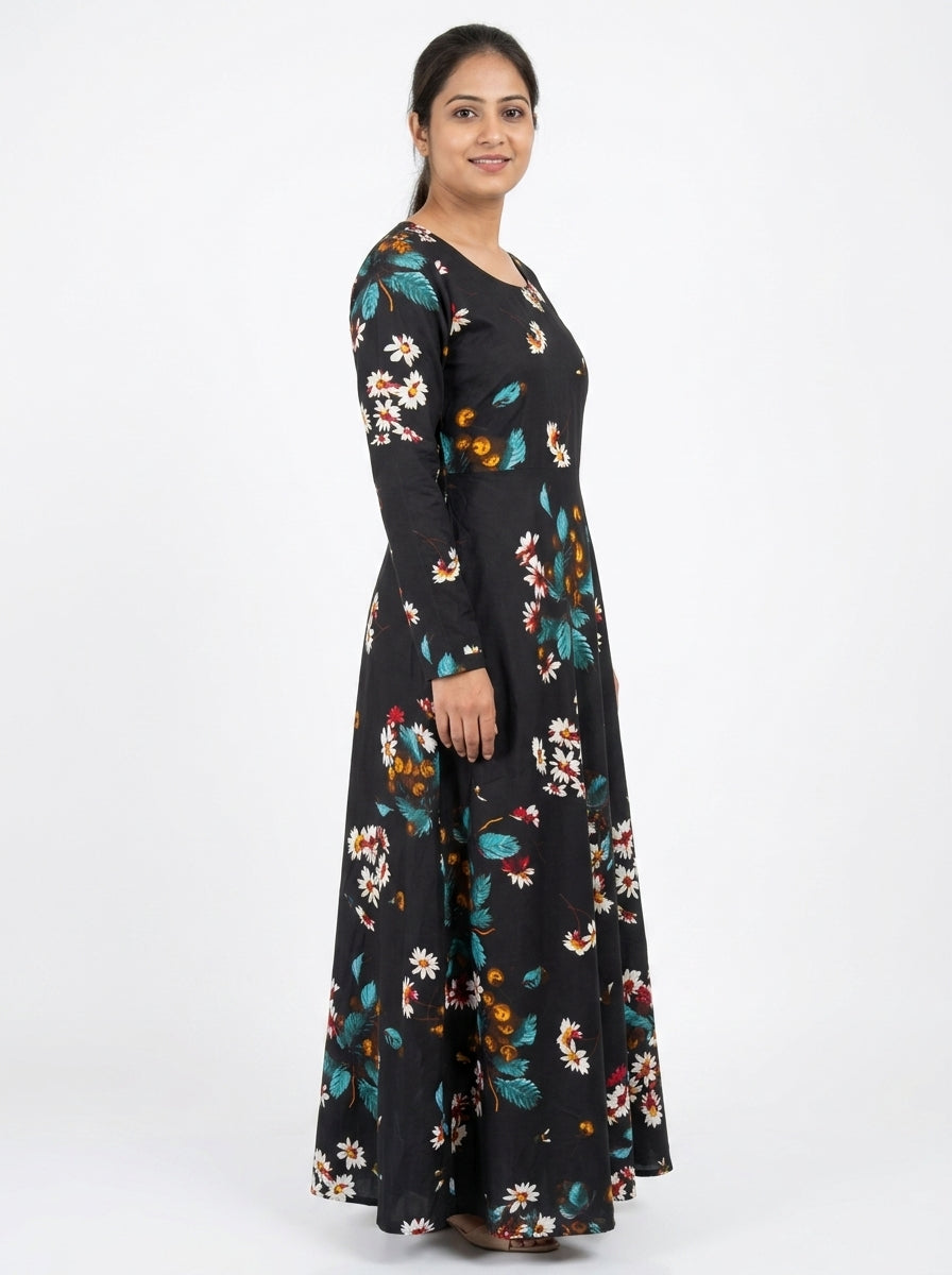 Women's Black Floral Printed Regular Fit Maxi Dress