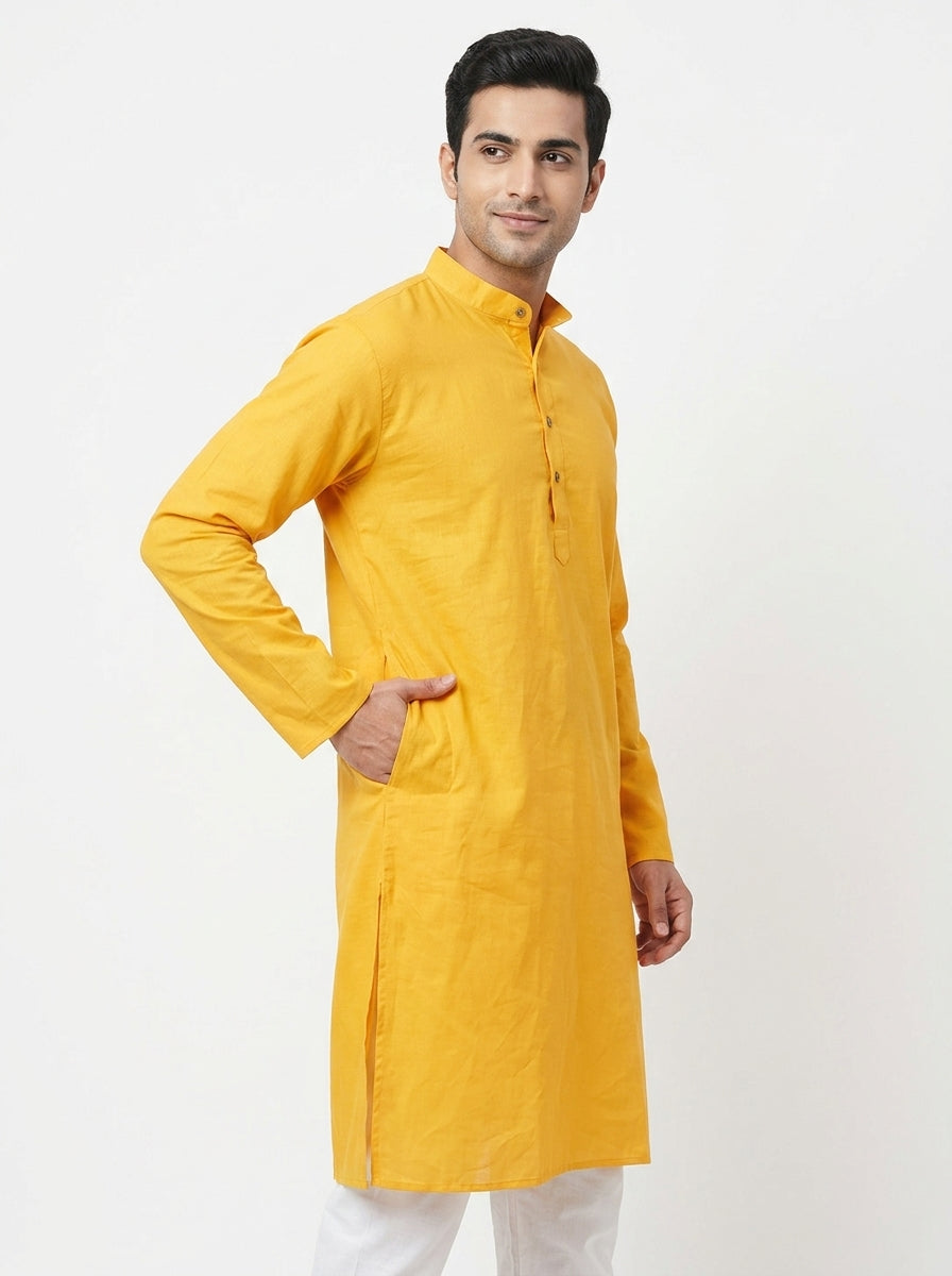 Men's Yellow Solid Regular Fit Kurta
