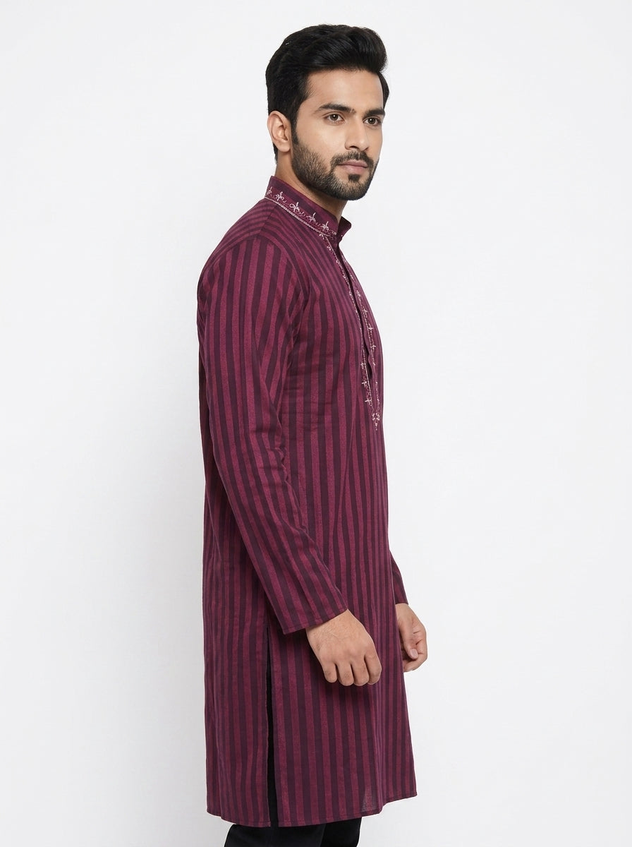 Maroon Striped Embellished Kurta