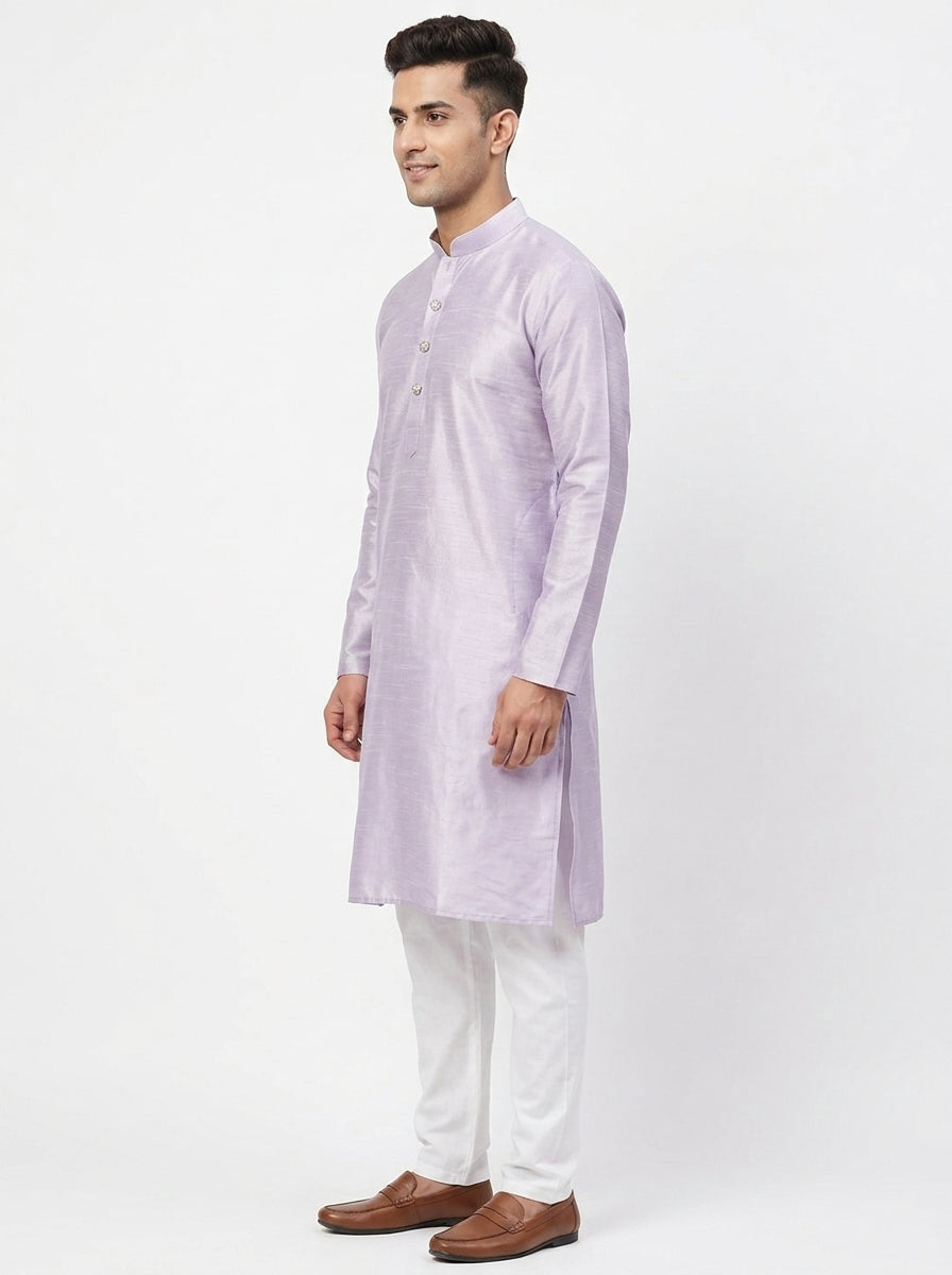 Men's Light Purple Solid Kurta with Embellished Buttons