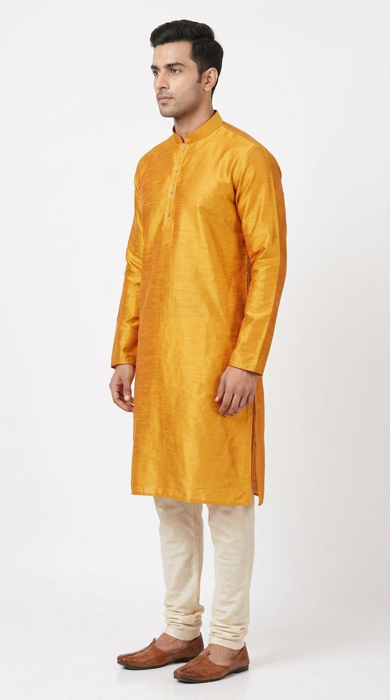 Men's Mustard Solid Silk Kurta