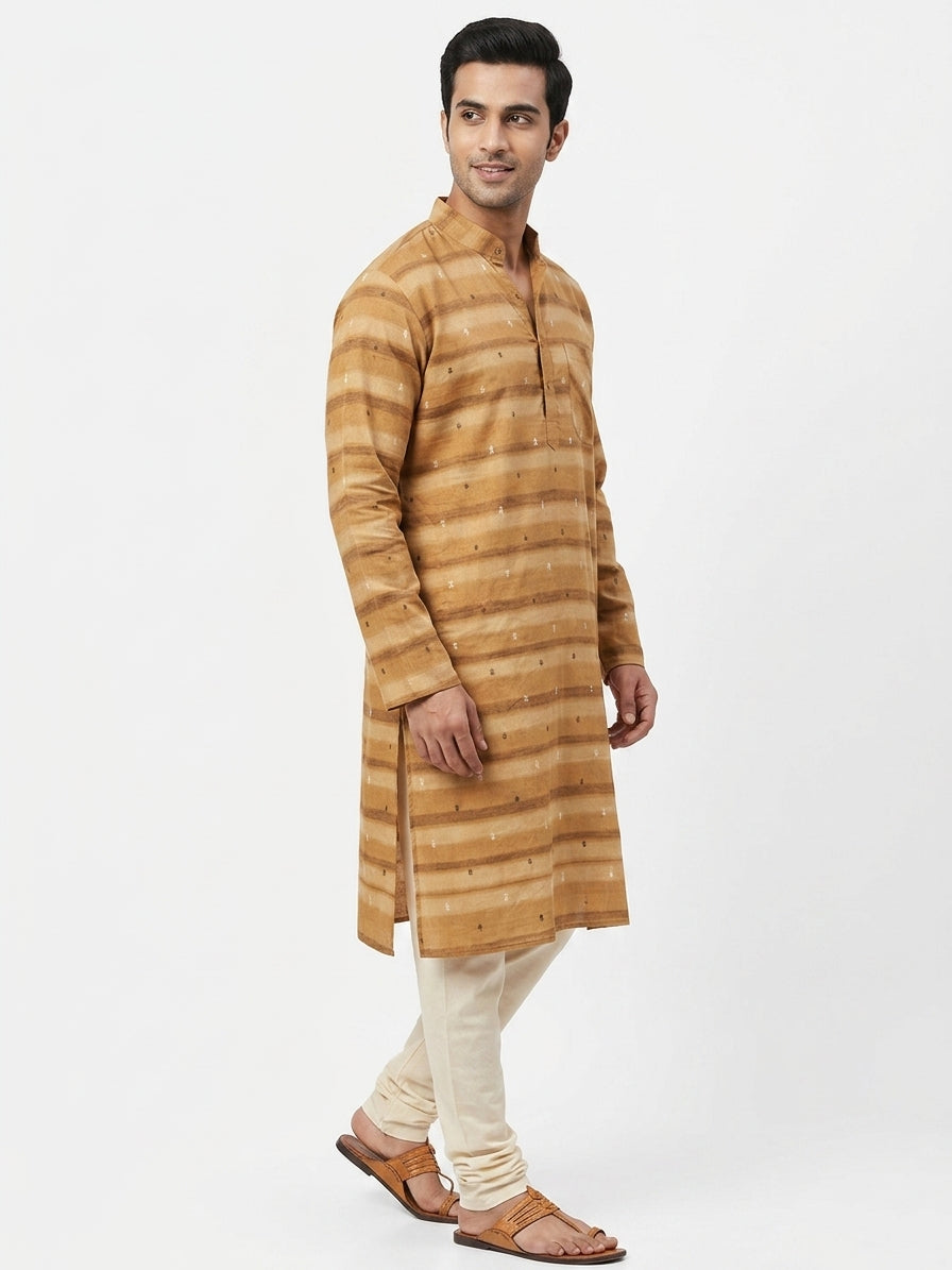 Men's Camel Striped Regular Fit Kurta