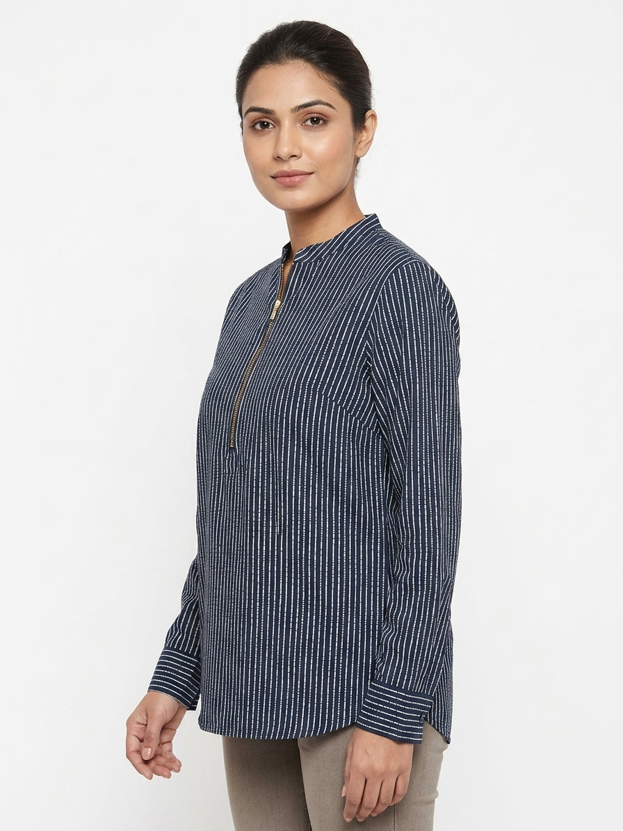 Women's Navy Blue Striped Collared Top