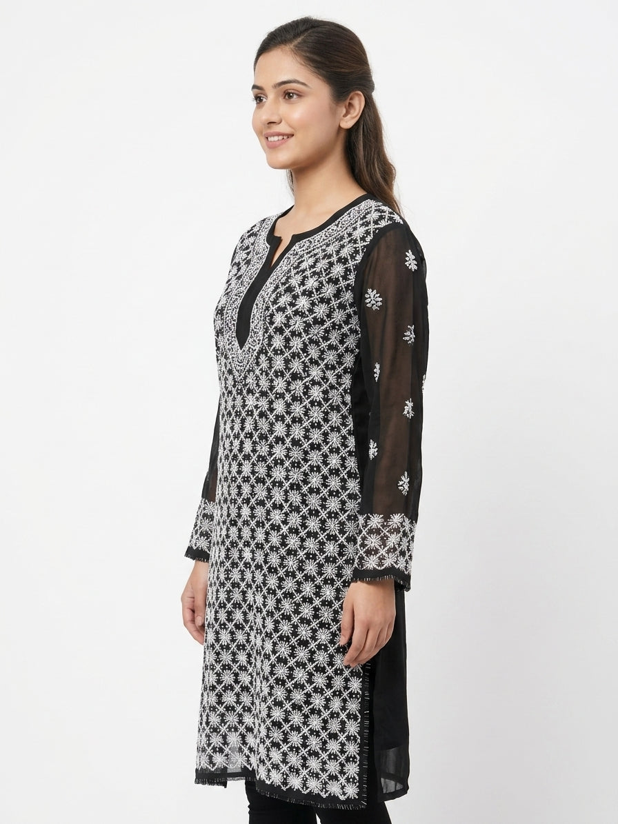 Black Embroidered Regular Fit Kurti