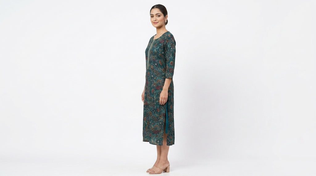 Green Ethnic Print Viscose Kurti