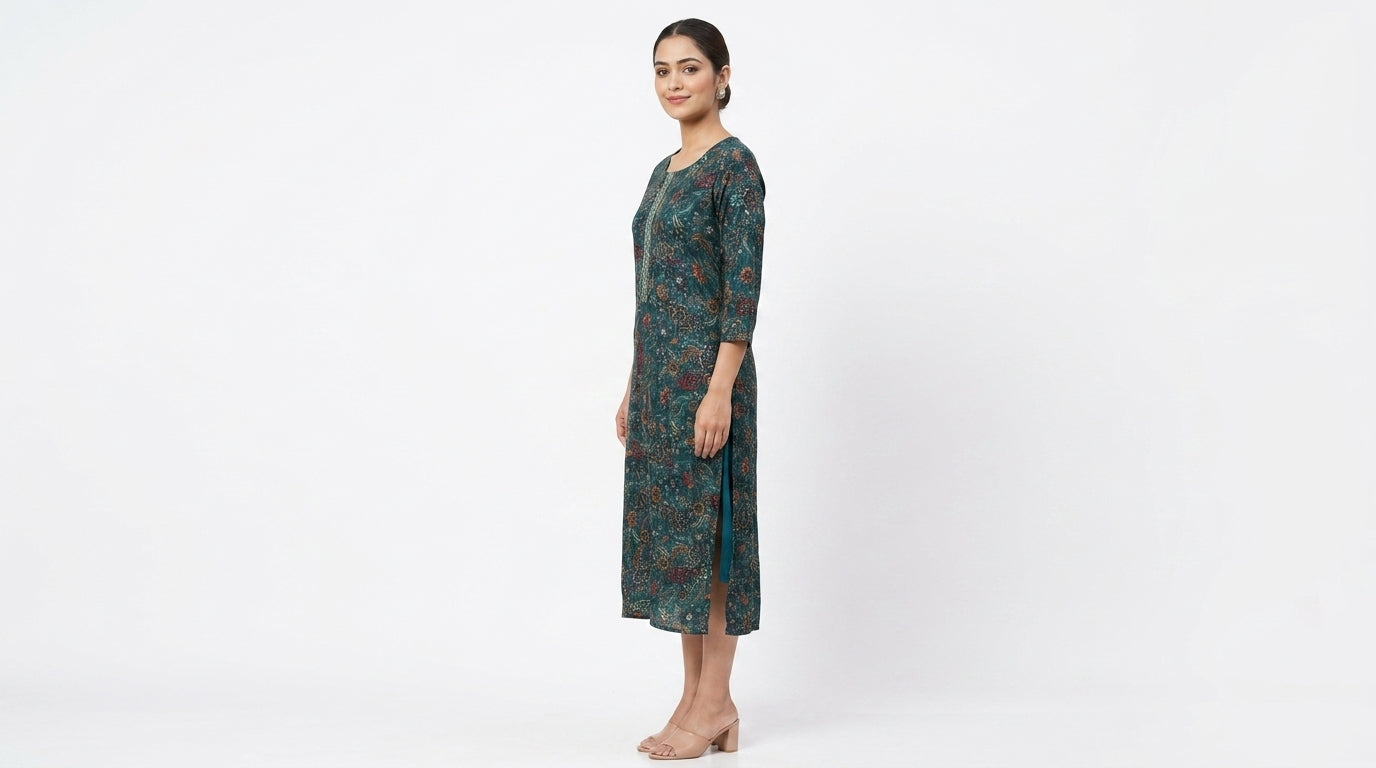 Green Ethnic Print Viscose Kurti