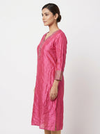 Pink Embellished Straight Silk Kurti