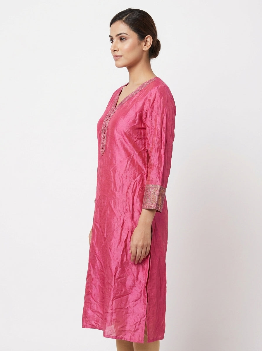 Pink Embellished Straight Silk Kurti