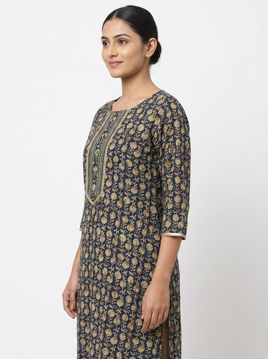 Navy Floral Printed Cotton Kurti