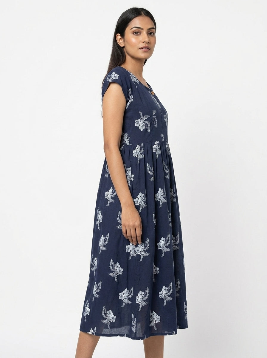 Navy Blue Floral Printed Relaxed Fit Dress