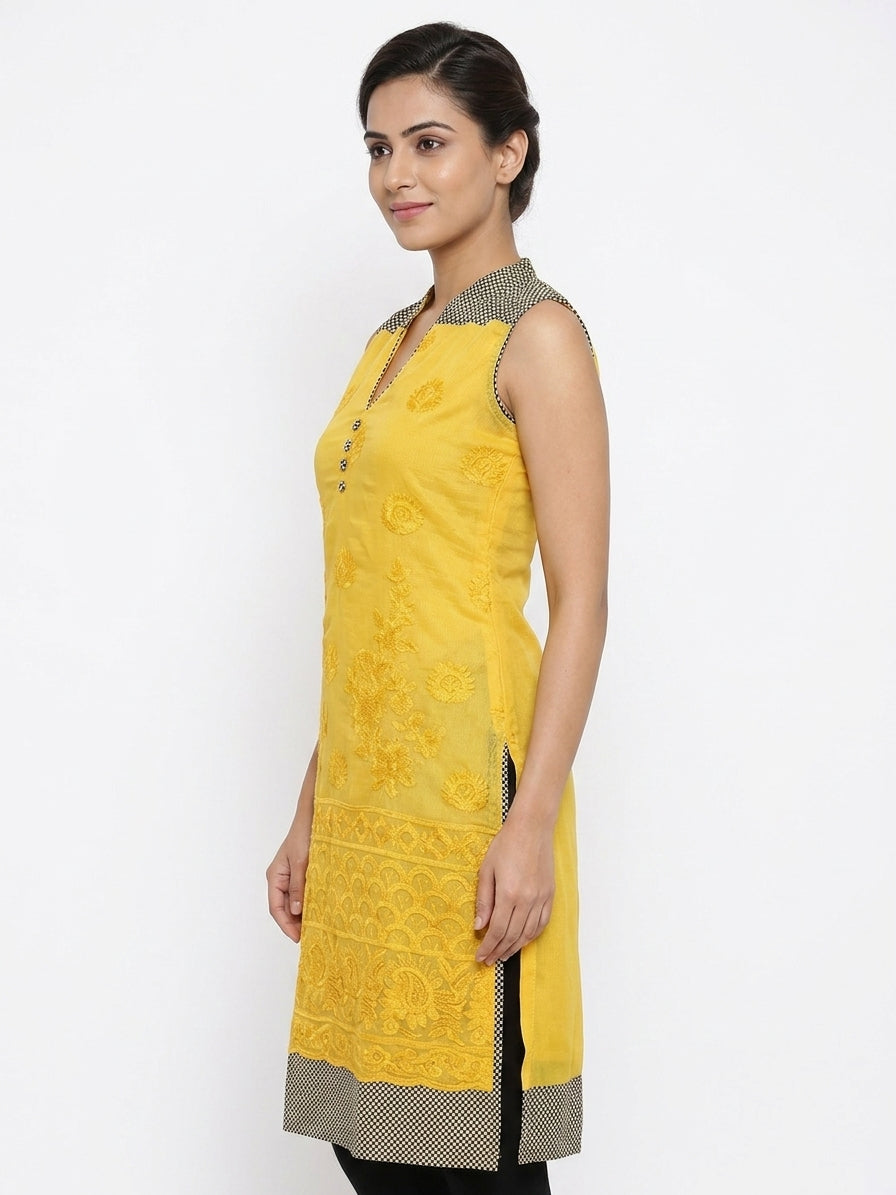 Yellow Embellished Sleeveless Kurti