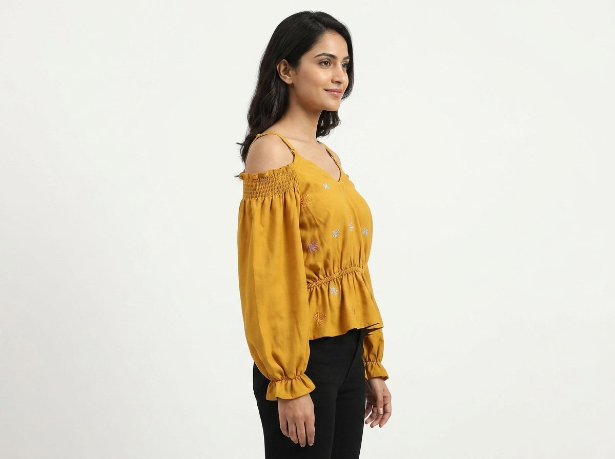 Mustard Botanical Embroidered Off-Shoulder Relaxed Fit Top