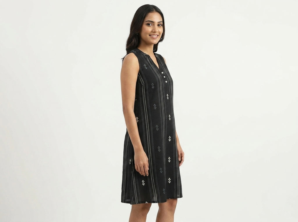 Women's Black Ethnic Print Sleeveless Dress