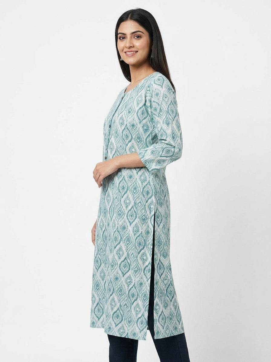 Sea Green Abstract Print Regular Fit Kurti