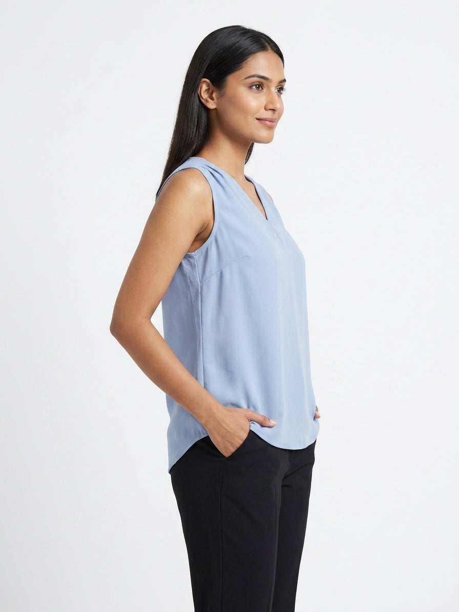 Light Blue Solid V-Neck Sleeveless Relaxed Fit Top