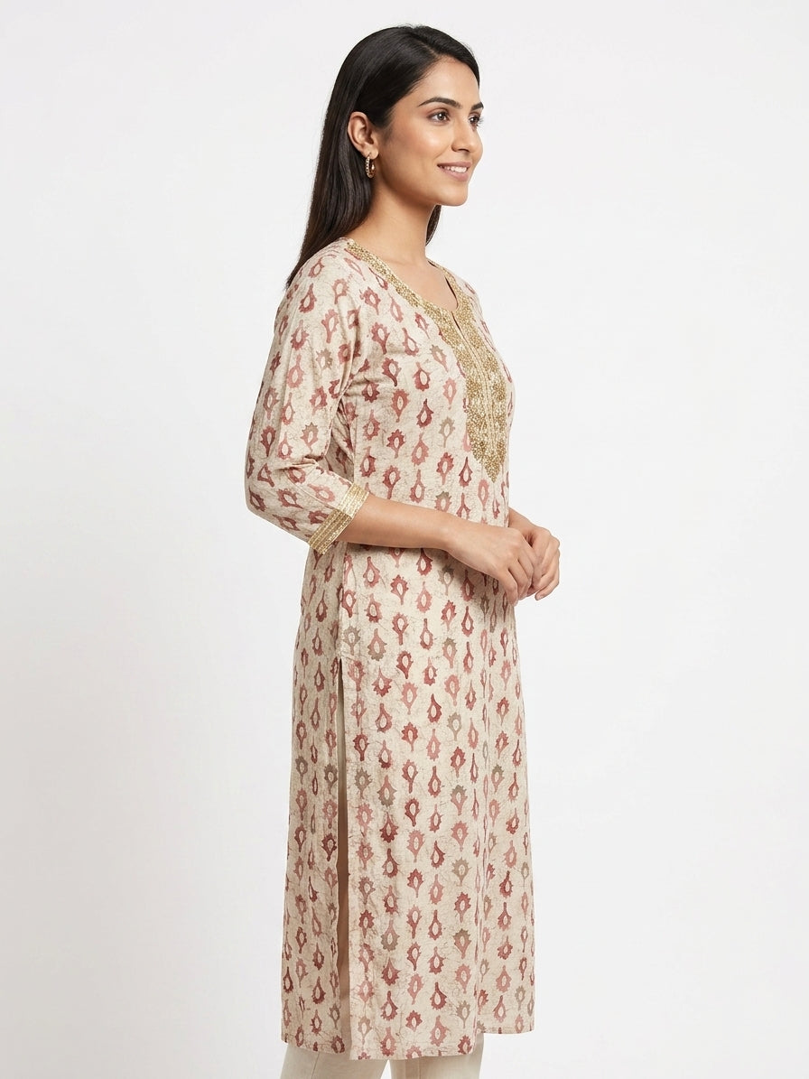 Off White Printed Kurti with Embellished Neckline