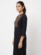 Black Ethnic Print V-Neck Kurti
