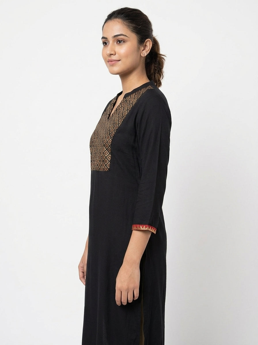 Black Ethnic Print V-Neck Kurti