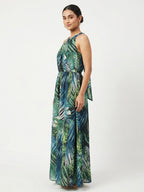 Multi-Color Botanical Print Halter Neck Maxi Dress