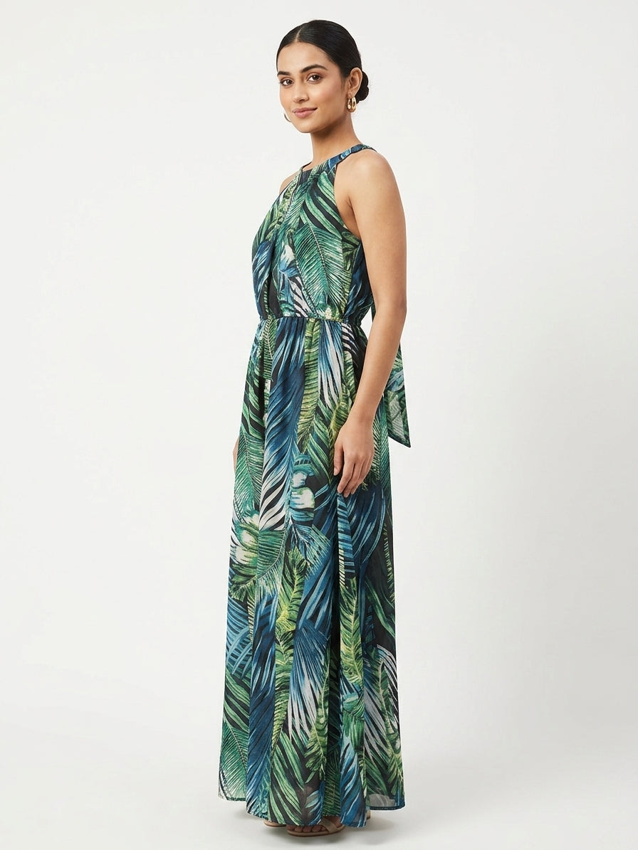 Multi-Color Botanical Print Halter Neck Maxi Dress