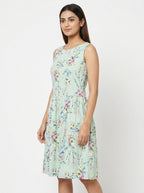 Women's Mint Green Floral Printed Flared Dress