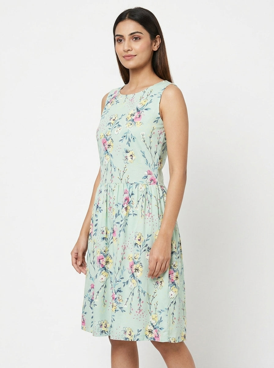 Women's Mint Green Floral Printed Flared Dress