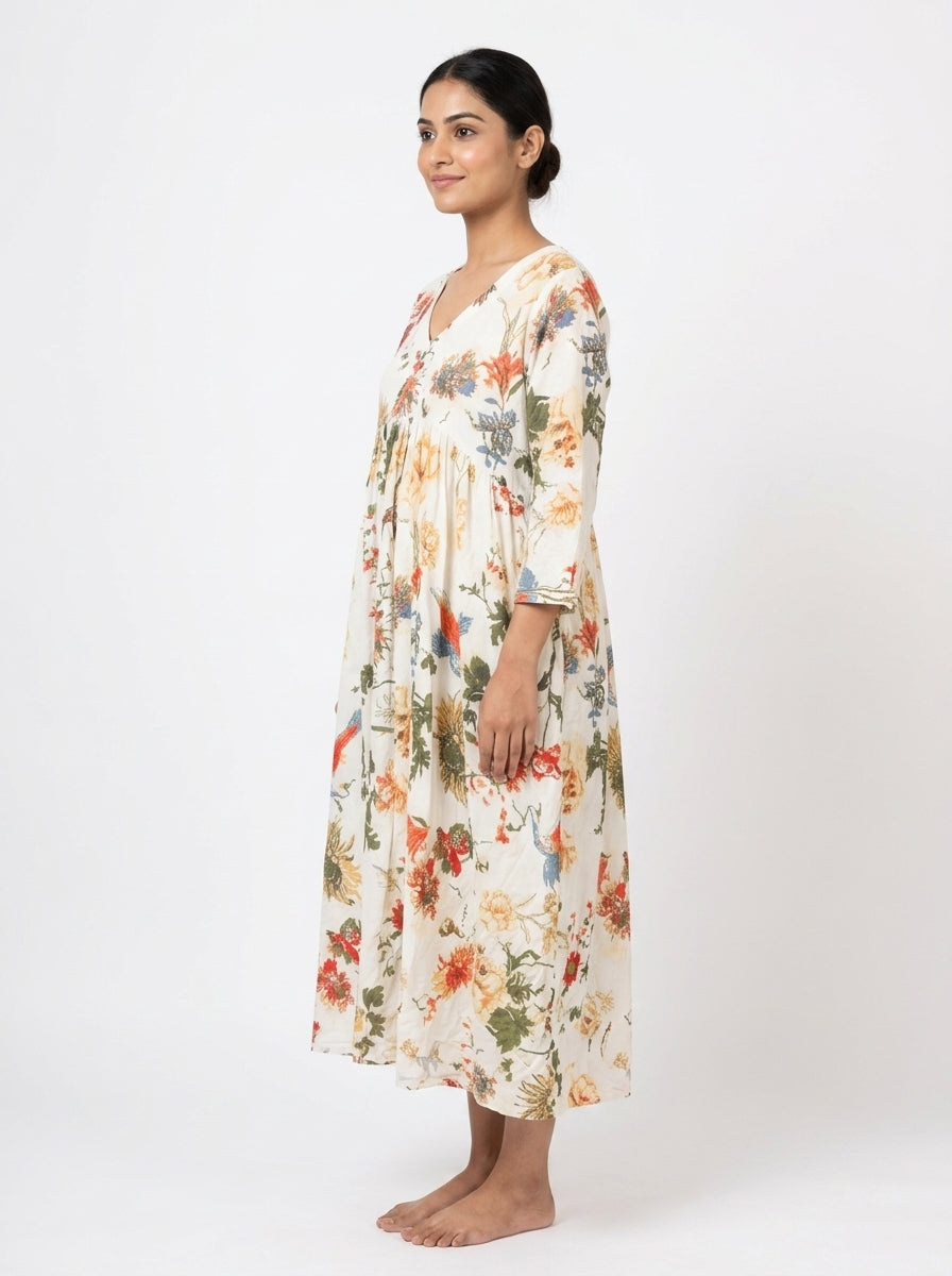Off White Floral & Bird Print Relaxed Fit Dress