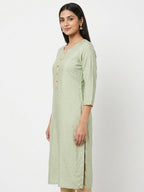 Light Green Printed Kurti with Embellished Placket