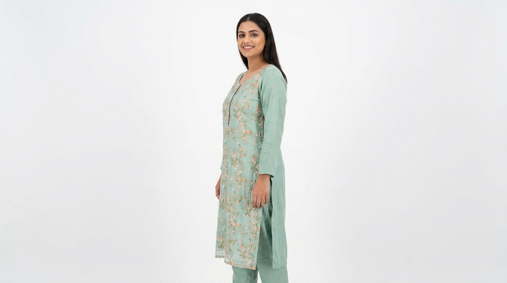 Sea Green Embellished Floral Viscose Kurti