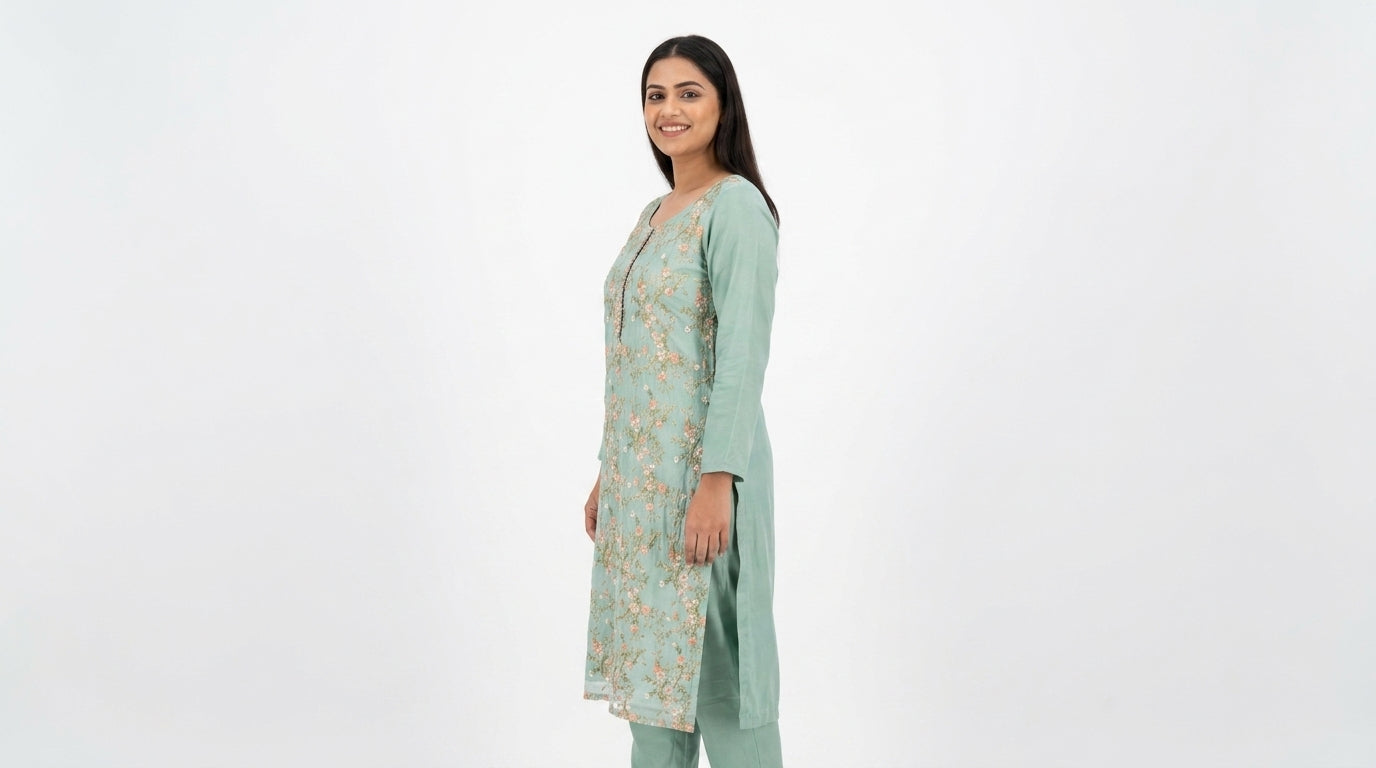 Sea Green Embellished Floral Viscose Kurti