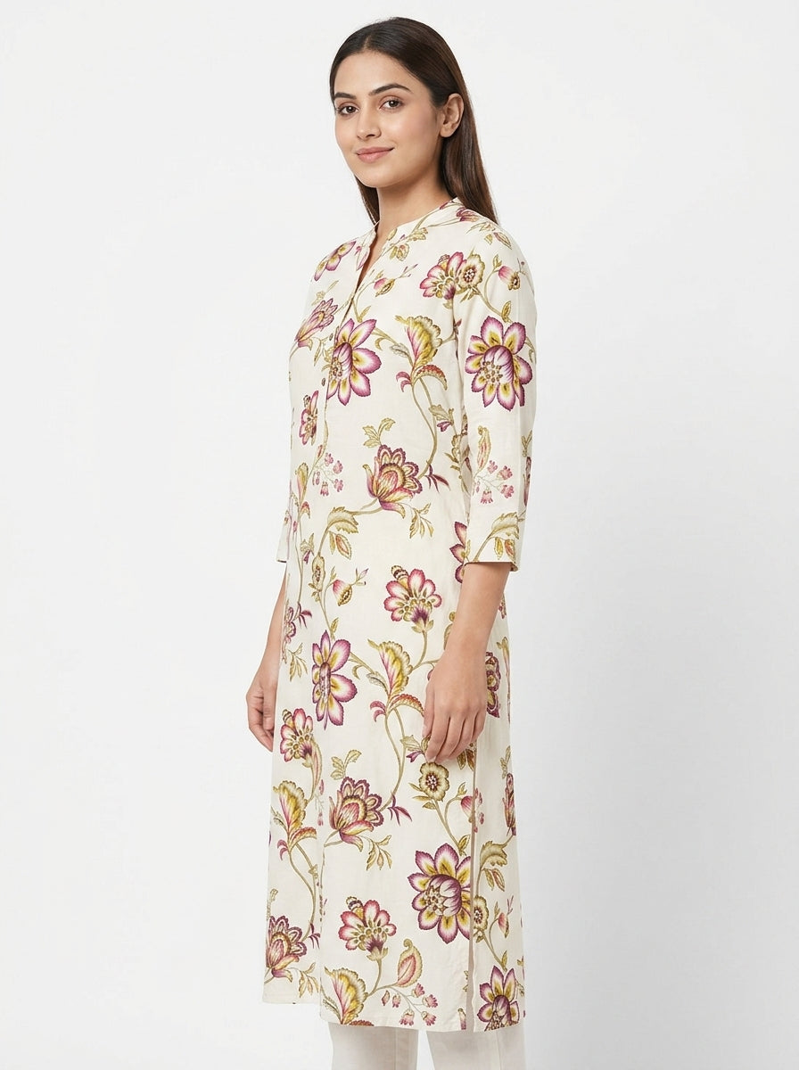 Women's Off White Floral Printed Kurti