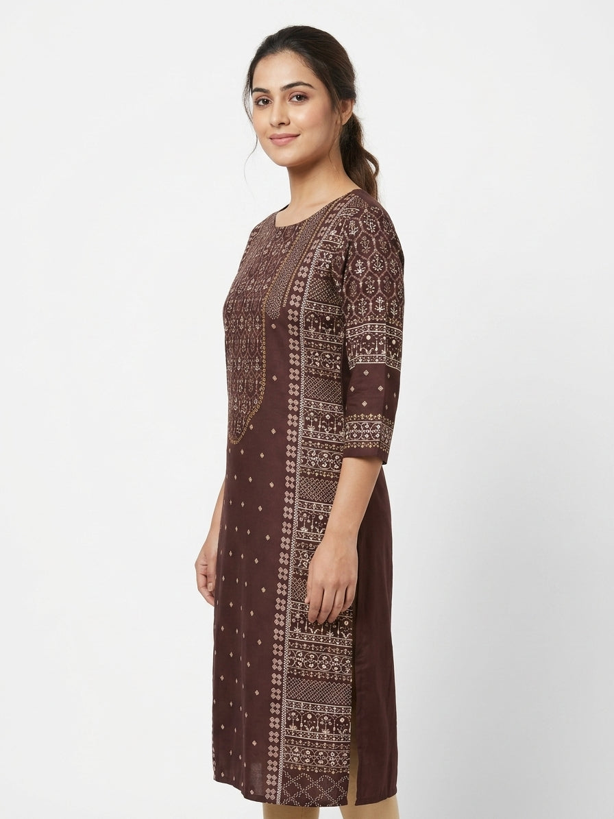 Brown Ethnic Print Straight Kurti