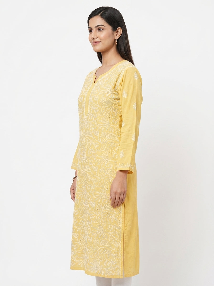 Yellow Embellished Straight Kurti